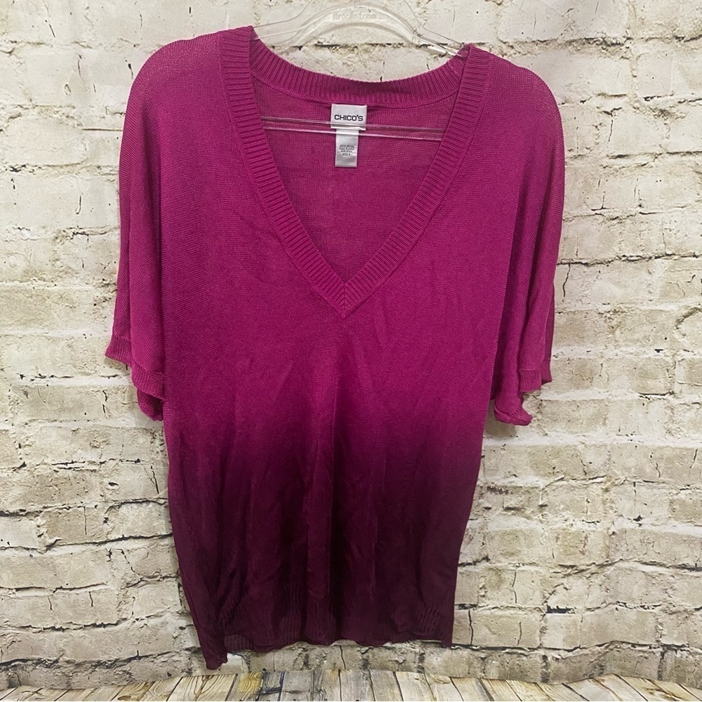 Chicos Pink Purple Rayon Ombre V Neck Dolman Sleeve Top